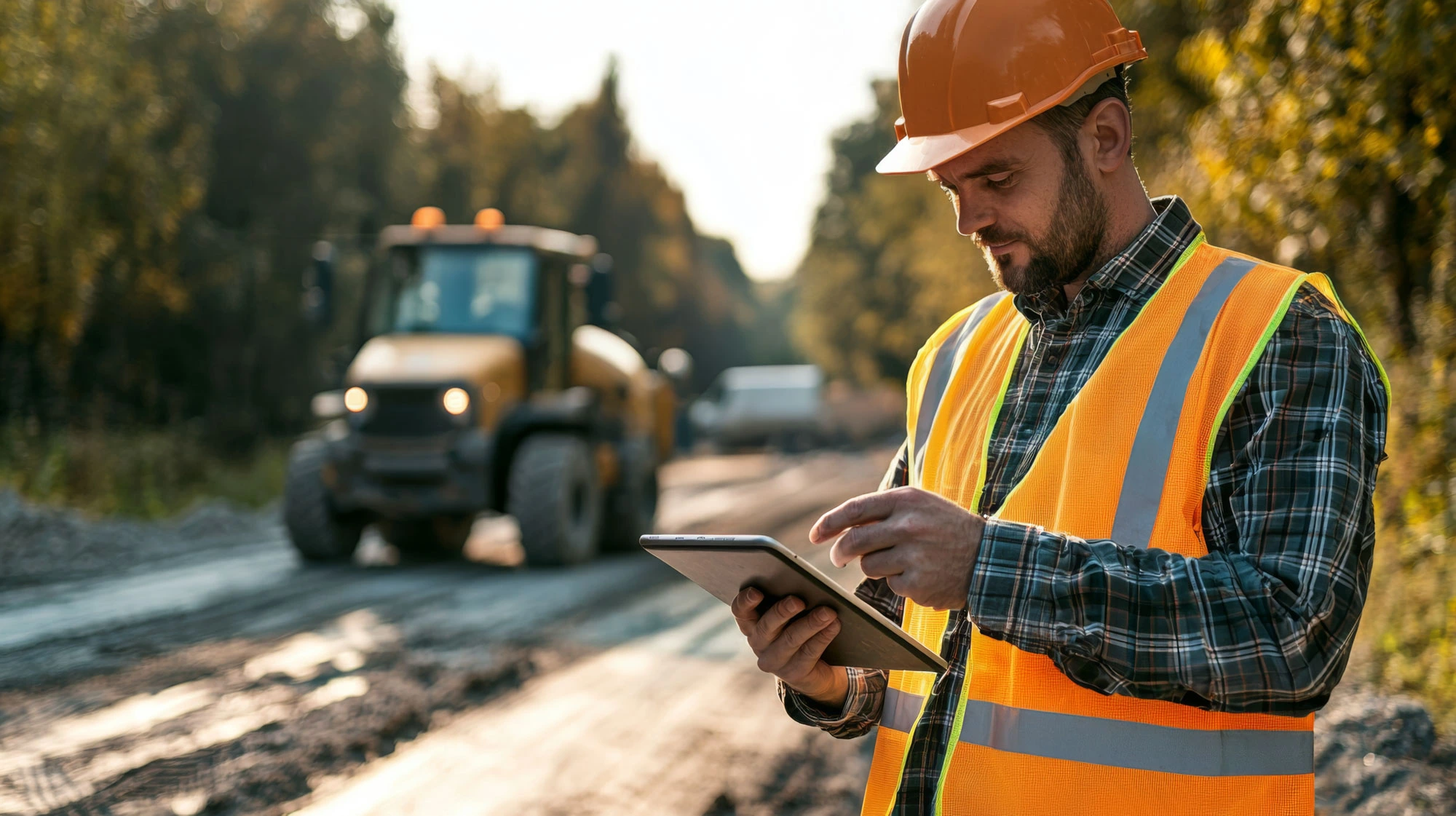 Construction worker on a civil engineering groundworks site wearing PPE and using a tablet with plant machine in background