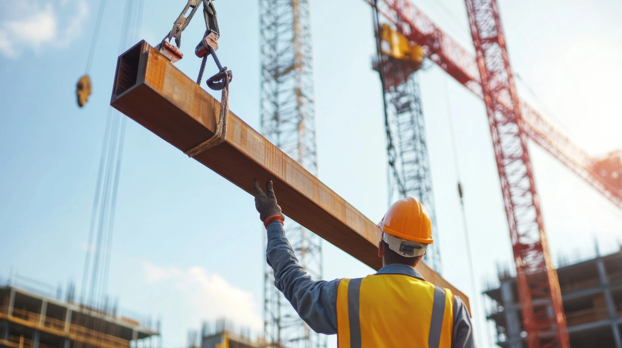 NVQ level 2 Controlling Lifting Operations construction worker instructing crane where to put metal beam NVQ training