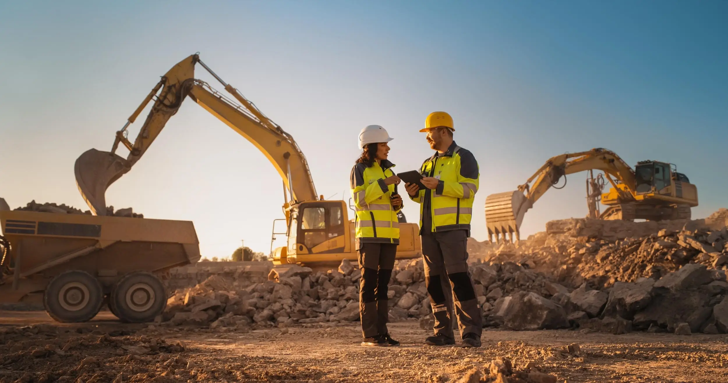 Hero Section Image for Solutions Group Ltd Website About Page with construction senior manager directing smiling workers on site