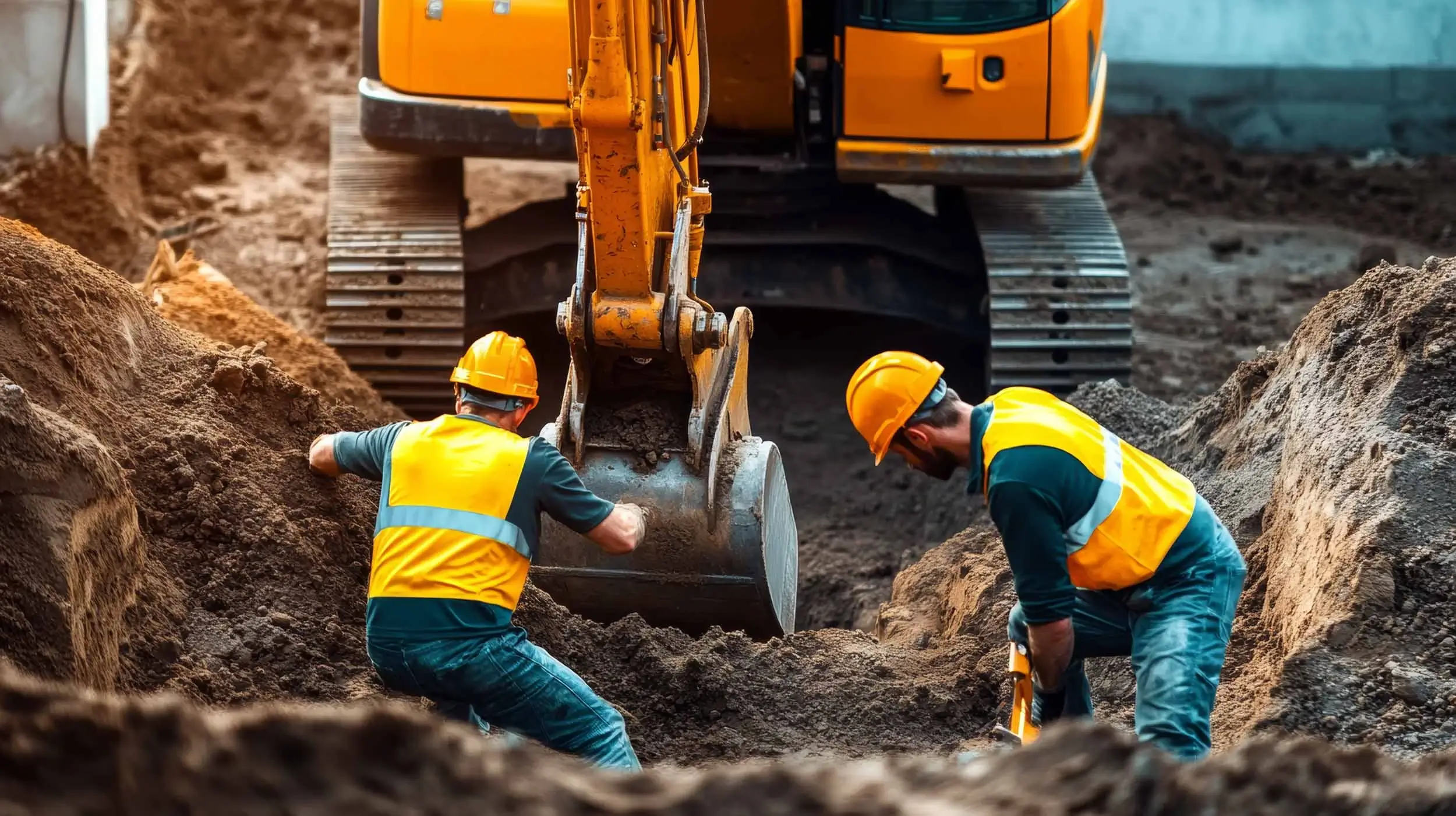 Construction workers digging on a construction site next to an excavator