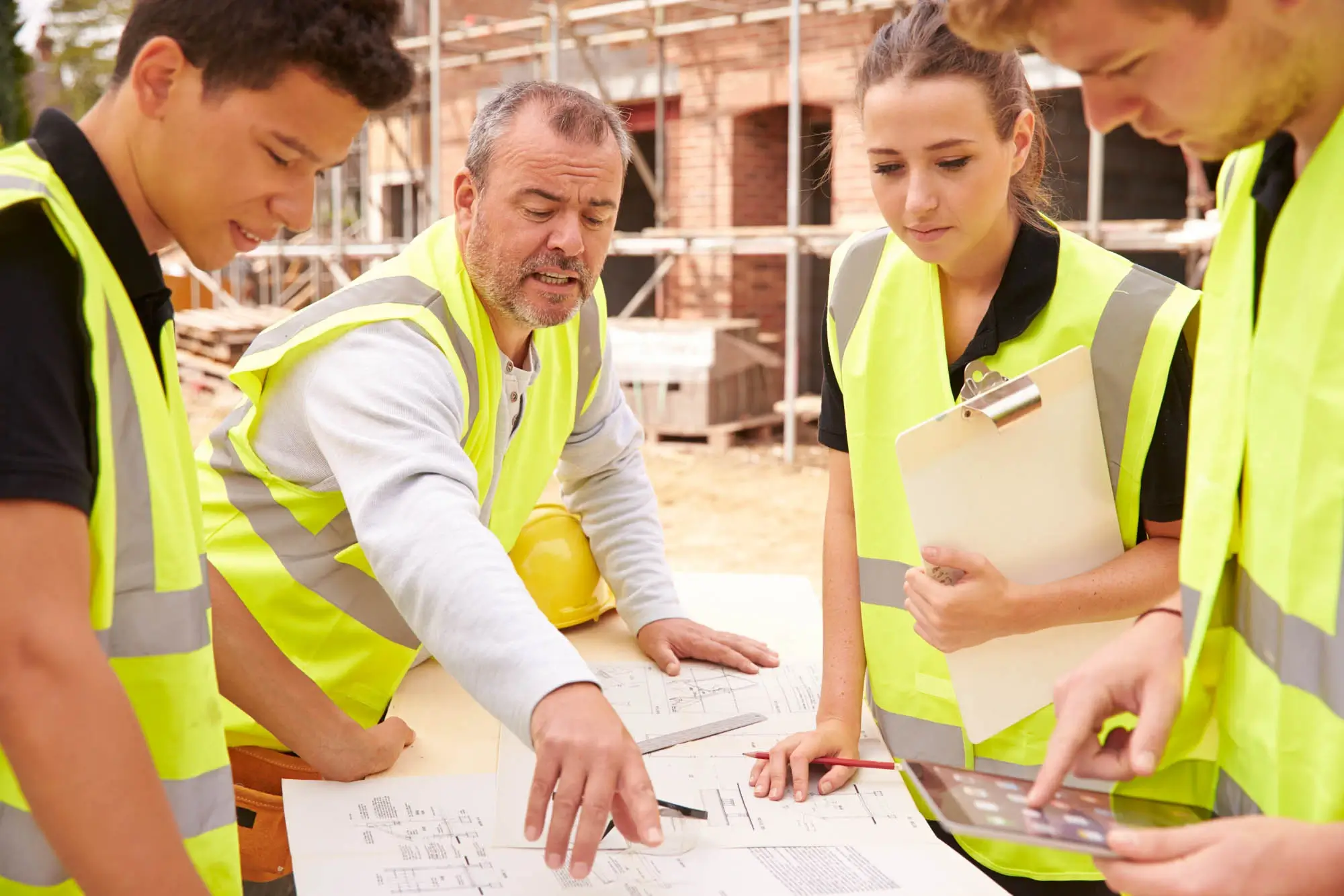 NVQ Level 3 Diploma in Construction Contracting Operations Group of construction workers assessing plans on table with young apprentices