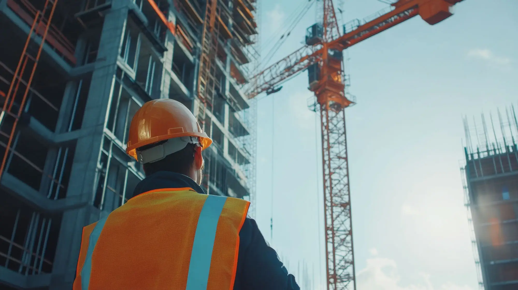 Construction worker on site monitoring the controlling lifting operations with tower blocks