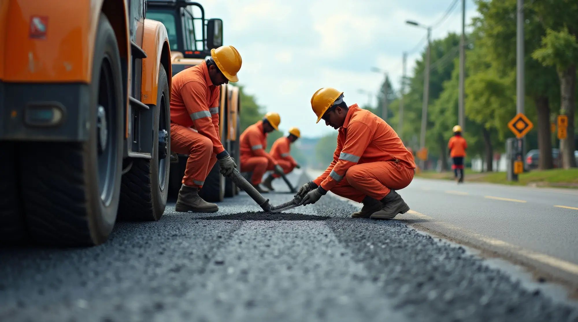Construction workers roadbuilding and undertaking road maintenance checking tarmac
