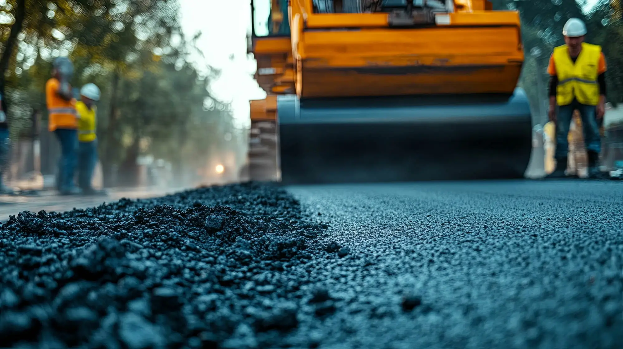 Construction workers roadbuilding and undertaking road maintenance with roller machine plant